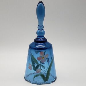 Fenton Signed Hand Painted Blue Floral Art Glass Bell